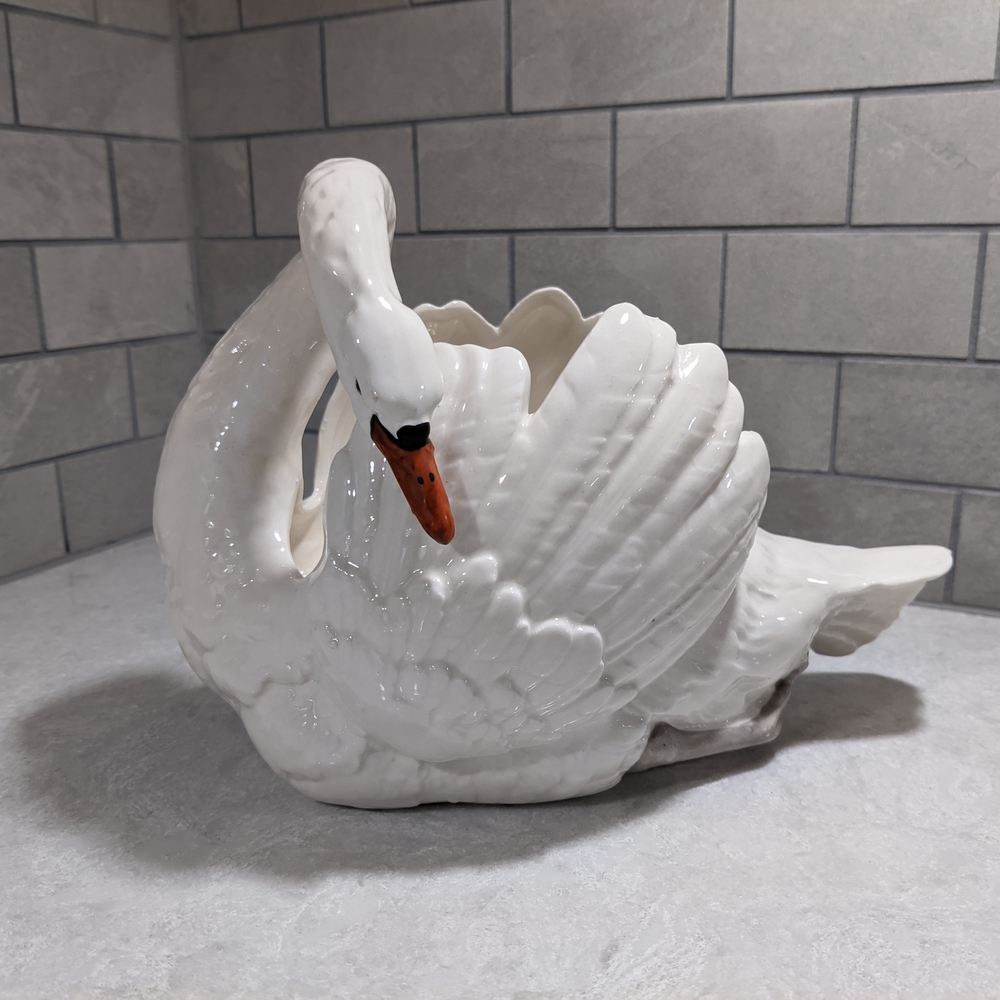 Vintage Czechoslovakia White Swan Planter / Trinket Dish Ceramic